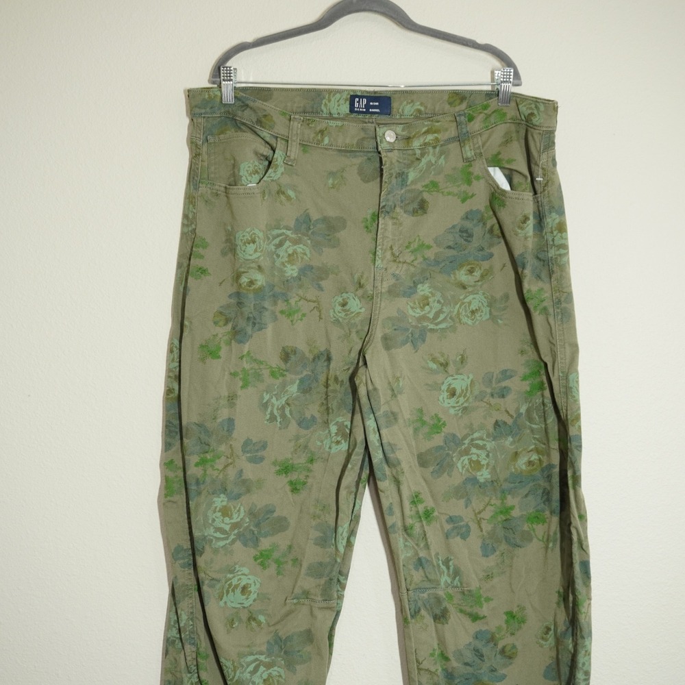 Gap Size 18 Denim Barrel Jeans Olive Green Floral Rose Print High Rise Fall - Picture 2 of 9
